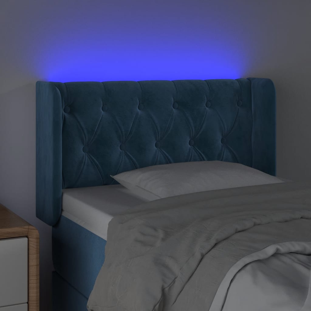 Cabeceira de cama c/ luzes LED veludo 83x16x78/88cm azul-escuro