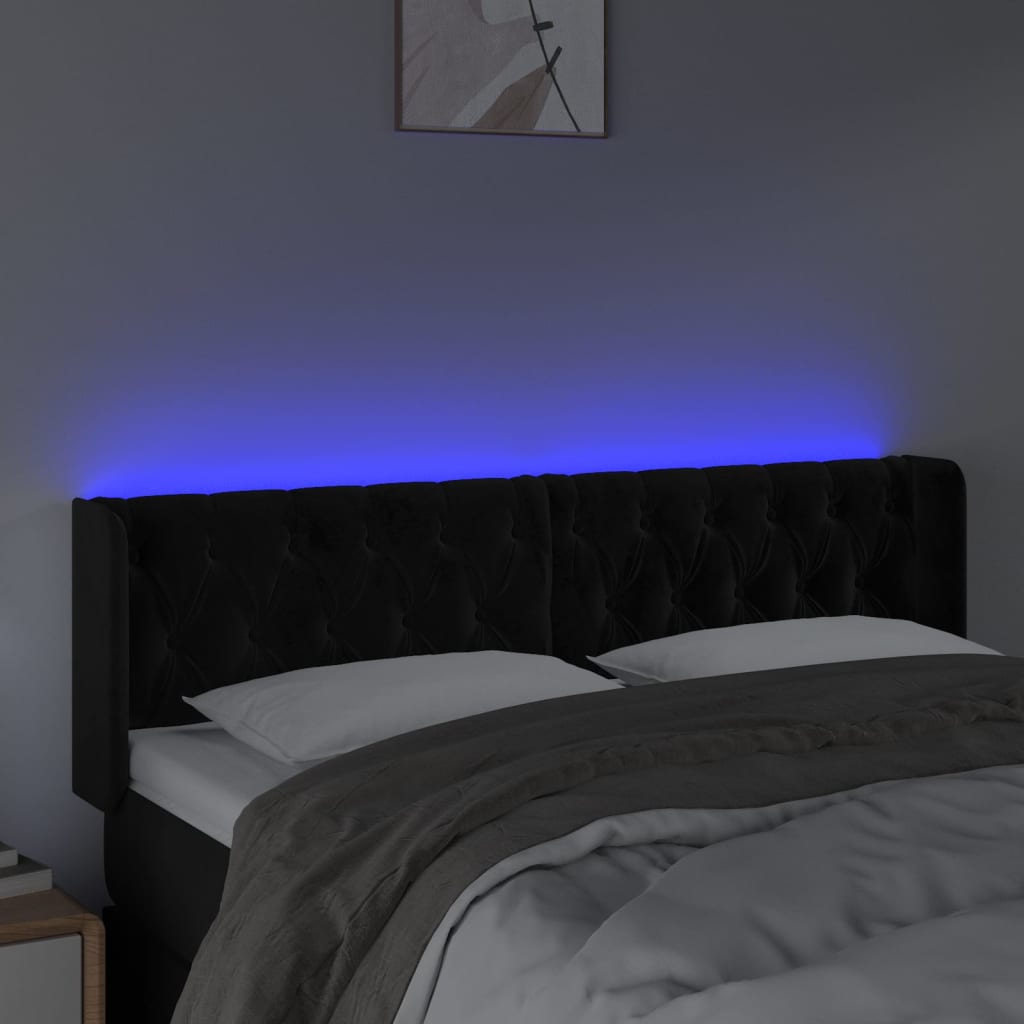 Cabeceira de cama c/ luzes LED veludo 147x16x78/88 cm preto