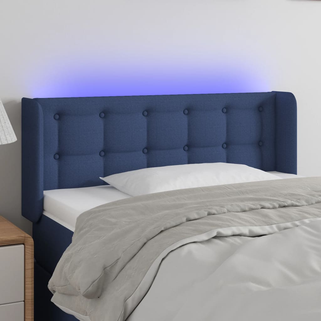 Cabeceira de cama c/ luzes LED tecido 83x16x78/88 cm azul