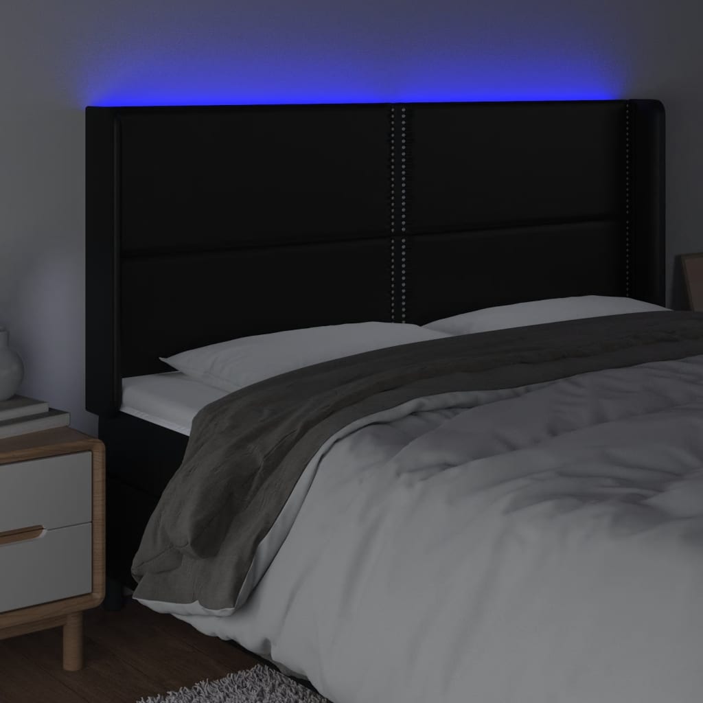 Cabeceira cama c/ LED couro artificial 163x16x118/128 cm preto