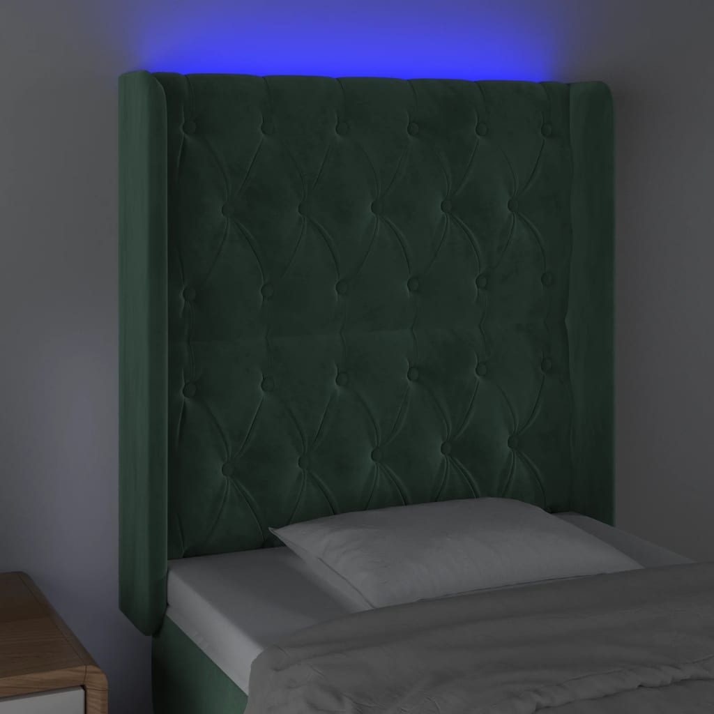 Cabeceira cama c/ luzes LED veludo 83x16x118/128cm verde-escuro