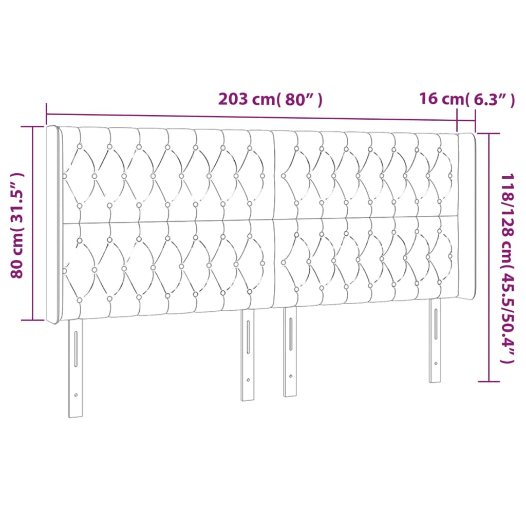 Cabeceira de cama c/ luzes LED veludo 203x16x118/128 cm preto