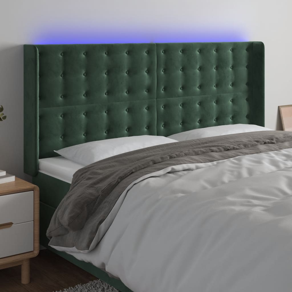 Cabeceira de cama c/ LED veludo 163x16x118/128 cm verde-escuro