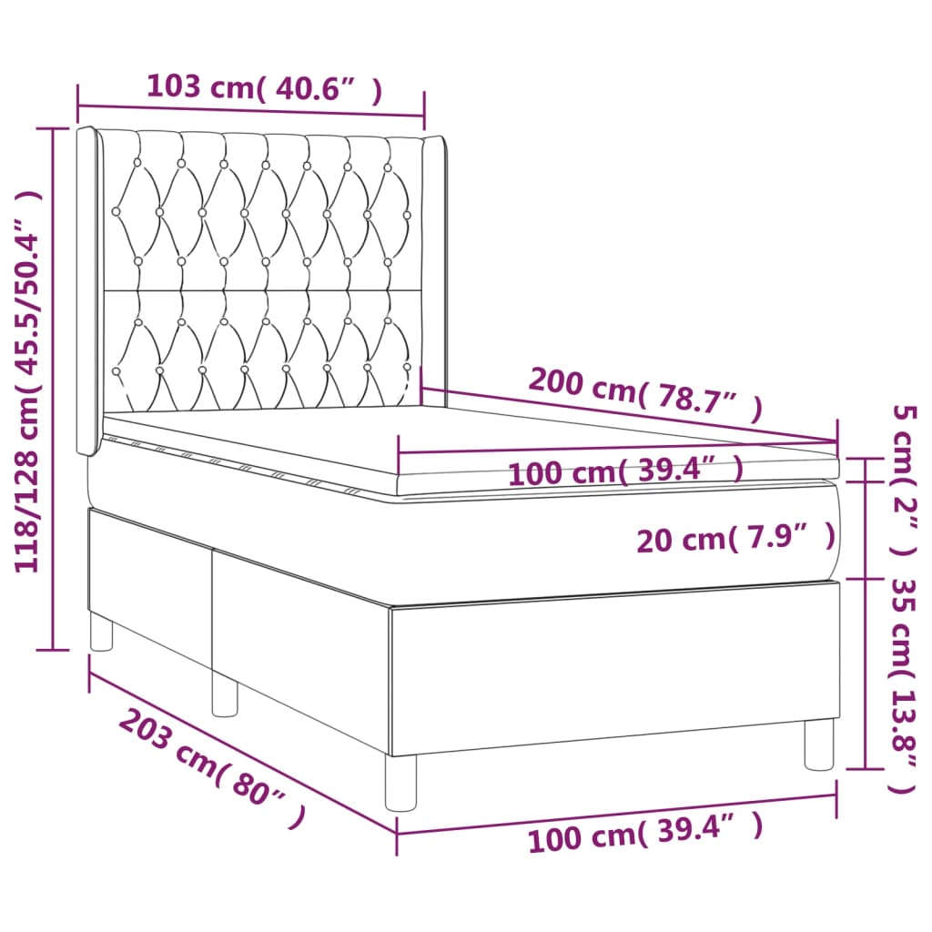 Cama box spring c/ colchão/LED 100x200 cm veludo rosa