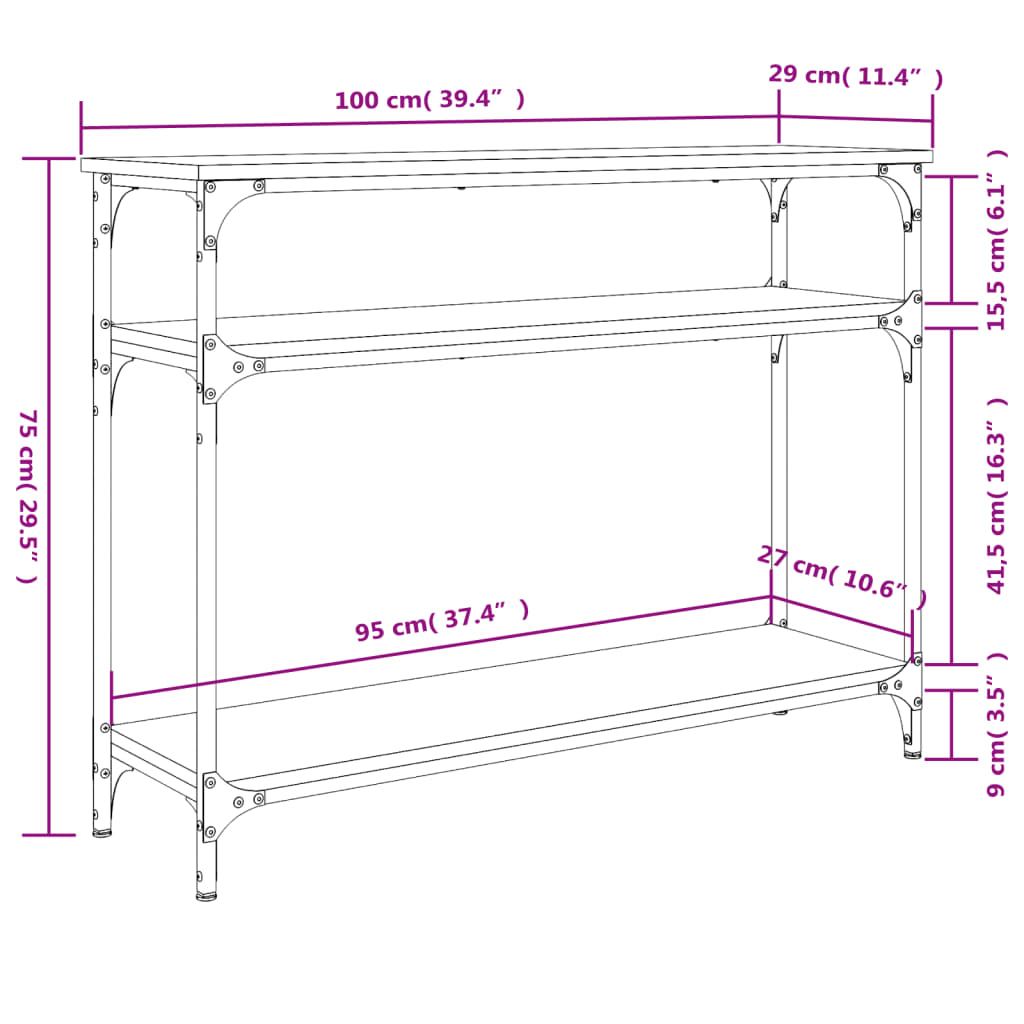 Mesa consola 100x29x75 cm derivados de madeira carvalho fumado