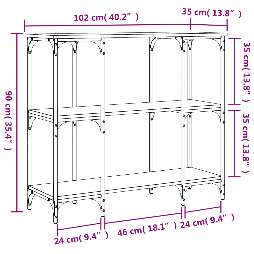 Mesa consola 102x35x90 cm derivados de madeira cinzento sonoma