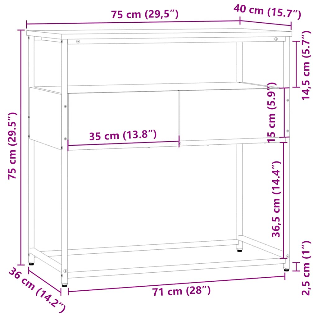 Mesa consola 75x40x75 cm derivados de madeira cinzento sonoma