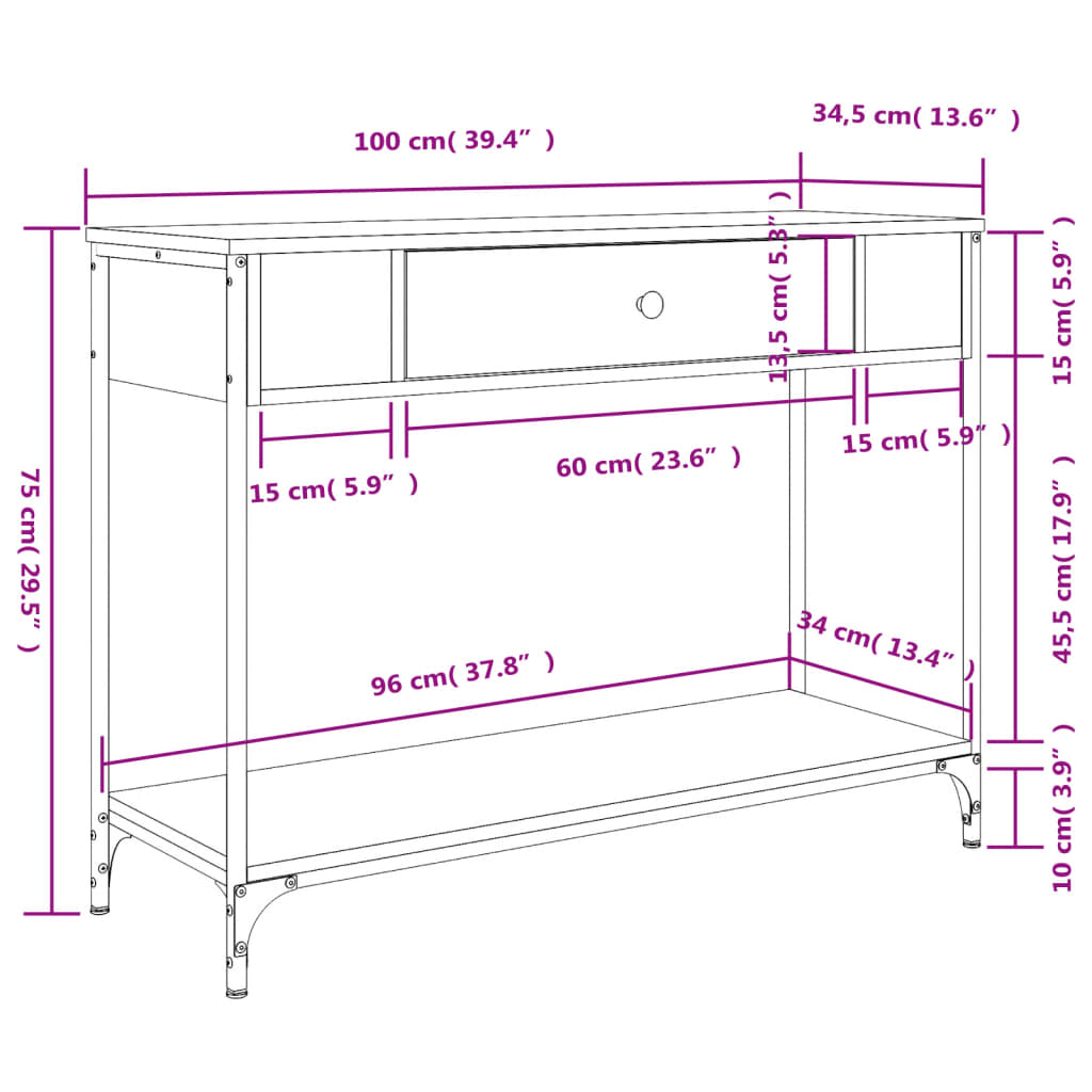 Mesa consola 100x34,5x75cm derivados de madeira cinzento sonoma