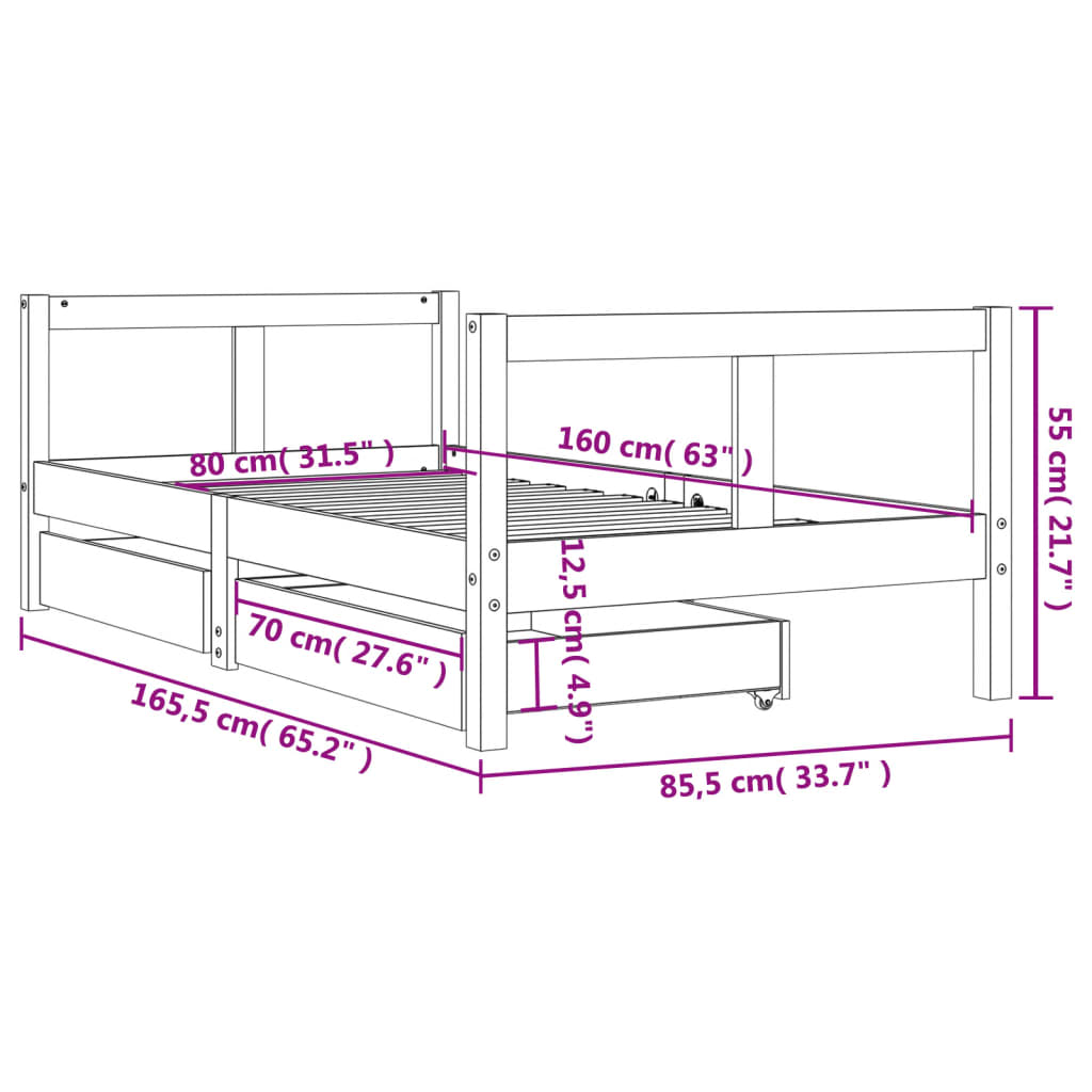 Estrutura cama infantil c/ gavetas 80x160 cm pinho maciço preto