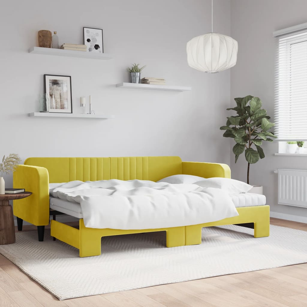 Sofá-cama com gavetão e colchões 80x200 cm veludo amarelo