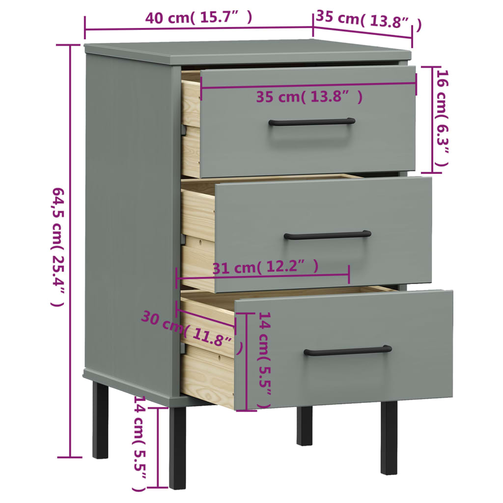 Mesa cabeceira c/ pernas de metal OSLO pinho maciço cinzento