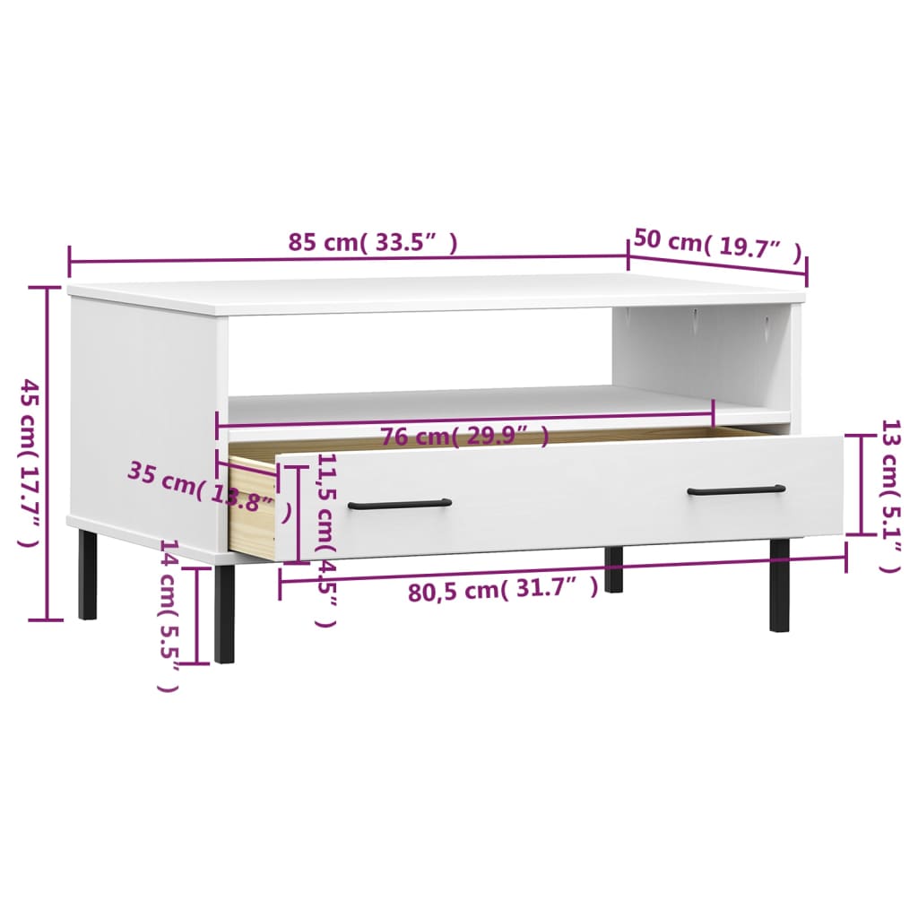 Mesa de centro com pernas de metal madeira maciça OSLO branco