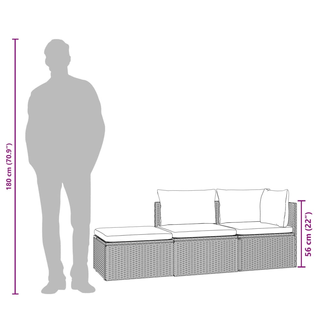 3 pcs conjunto lounge de jardim c/ almofadões vime PE cinzento