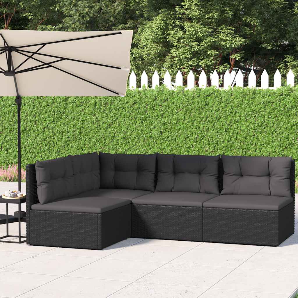4 pcs conjunto lounge de jardim c/ almofadões vime PE preto