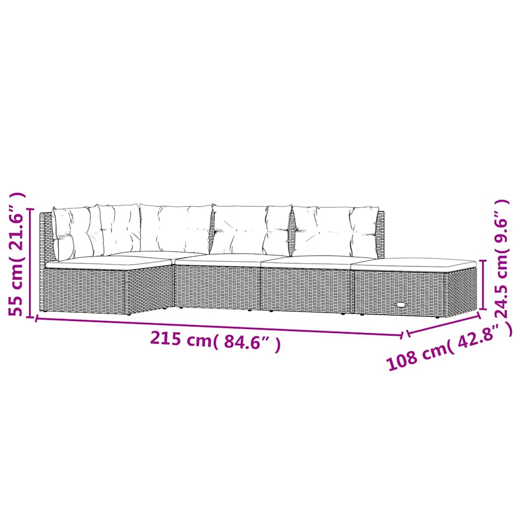 5 pcs conjunto lounge de jardim c/ almofadões vime PE preto
