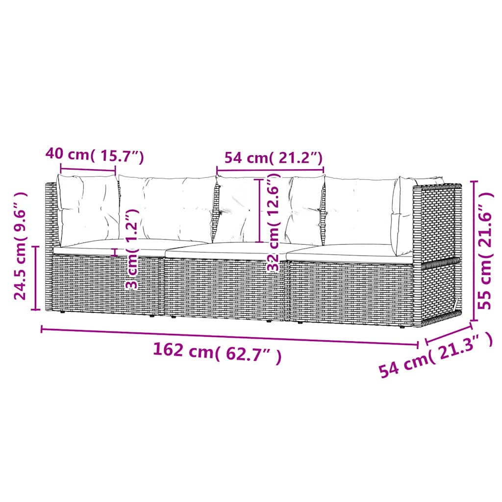 3 pcs conjunto lounge de jardim c/ almofadões vime PE preto
