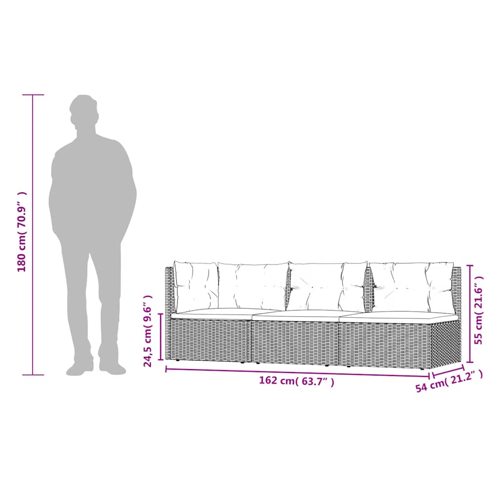 3 pcs conjunto lounge de jardim c/ almofadões vime PE cinzento