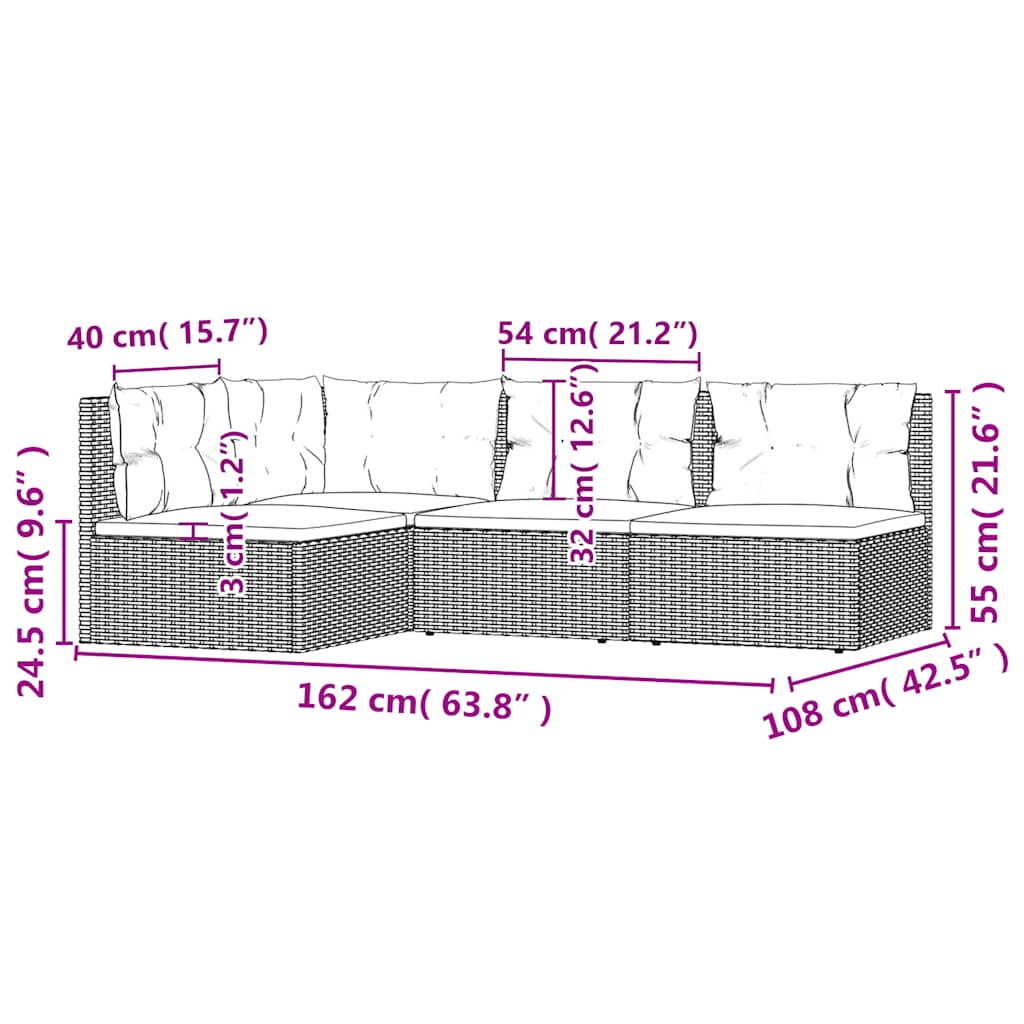 4 pcs conjunto lounge de jardim c/ almofadões vime PE cinzento