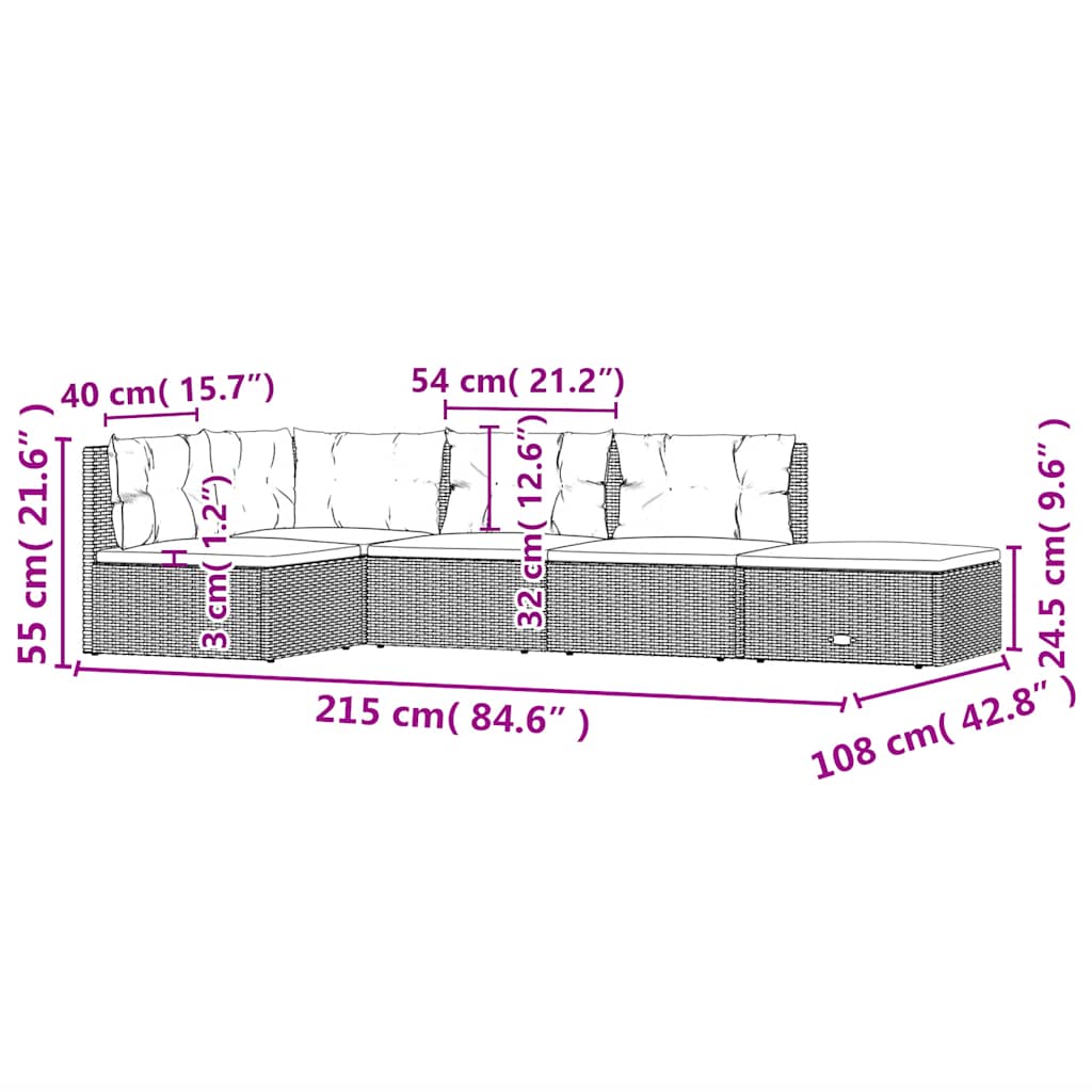 5 pcs conjunto lounge de jardim c/ almofadões vime PE cinzento