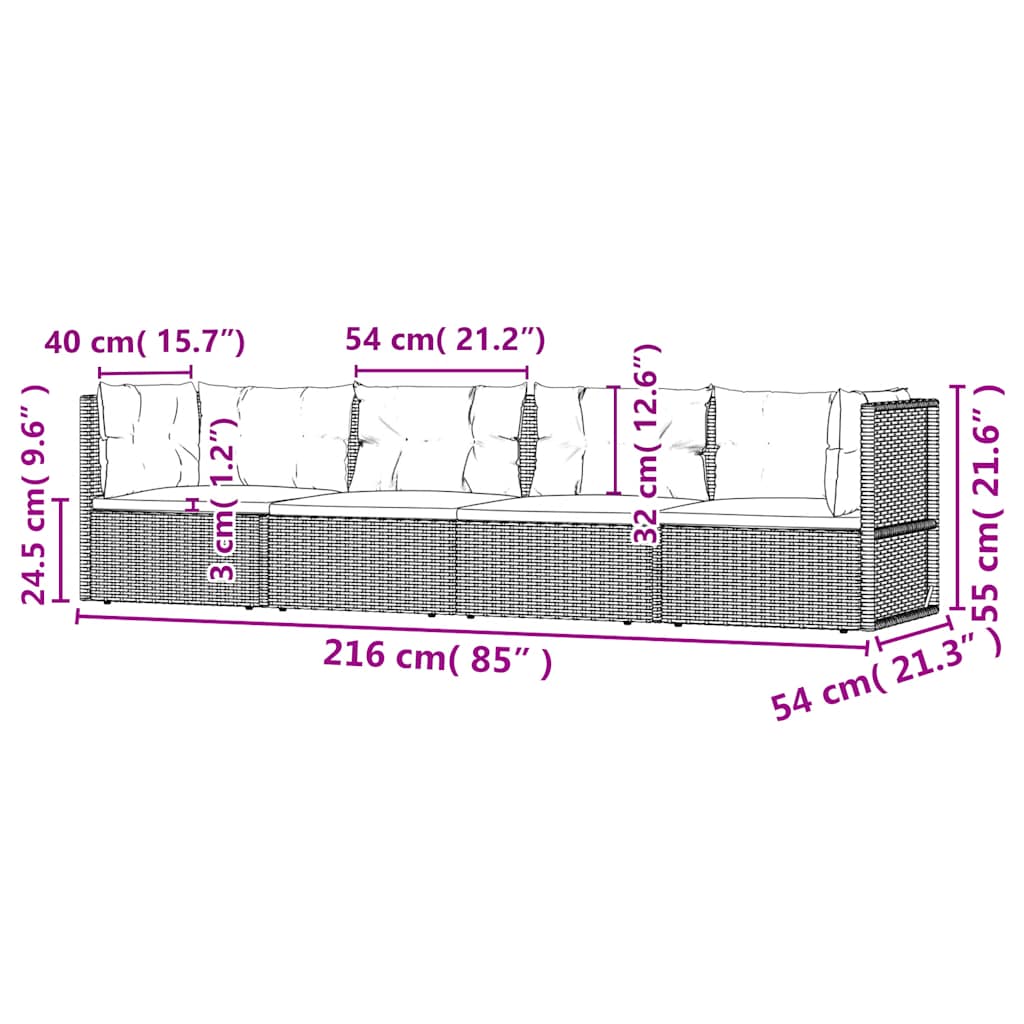 4 pcs conjunto lounge de jardim c/ almofadões vime PE cinzento