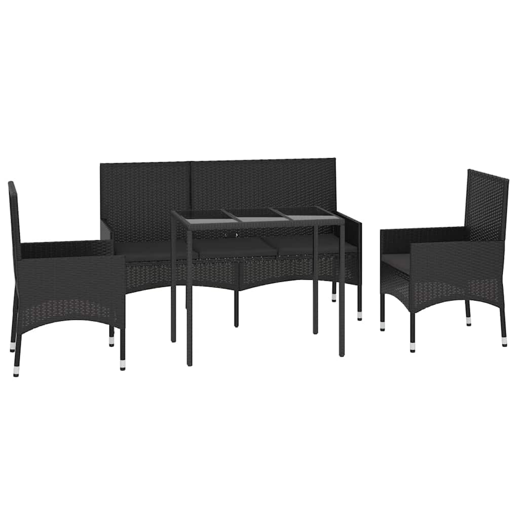4 pcs conjunto lounge de jardim c/ almofadões vime PE preto