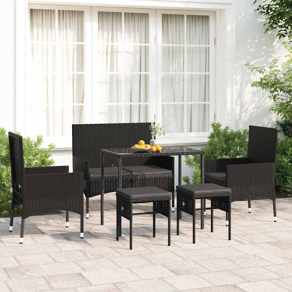6 pcs conjunto lounge de jardim c/ almofadões vime PE preto