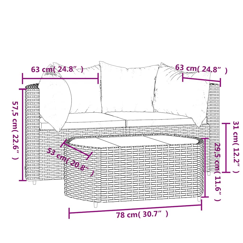 3 pcs conjunto lounge jardim c/ almofadões vime PE castanho