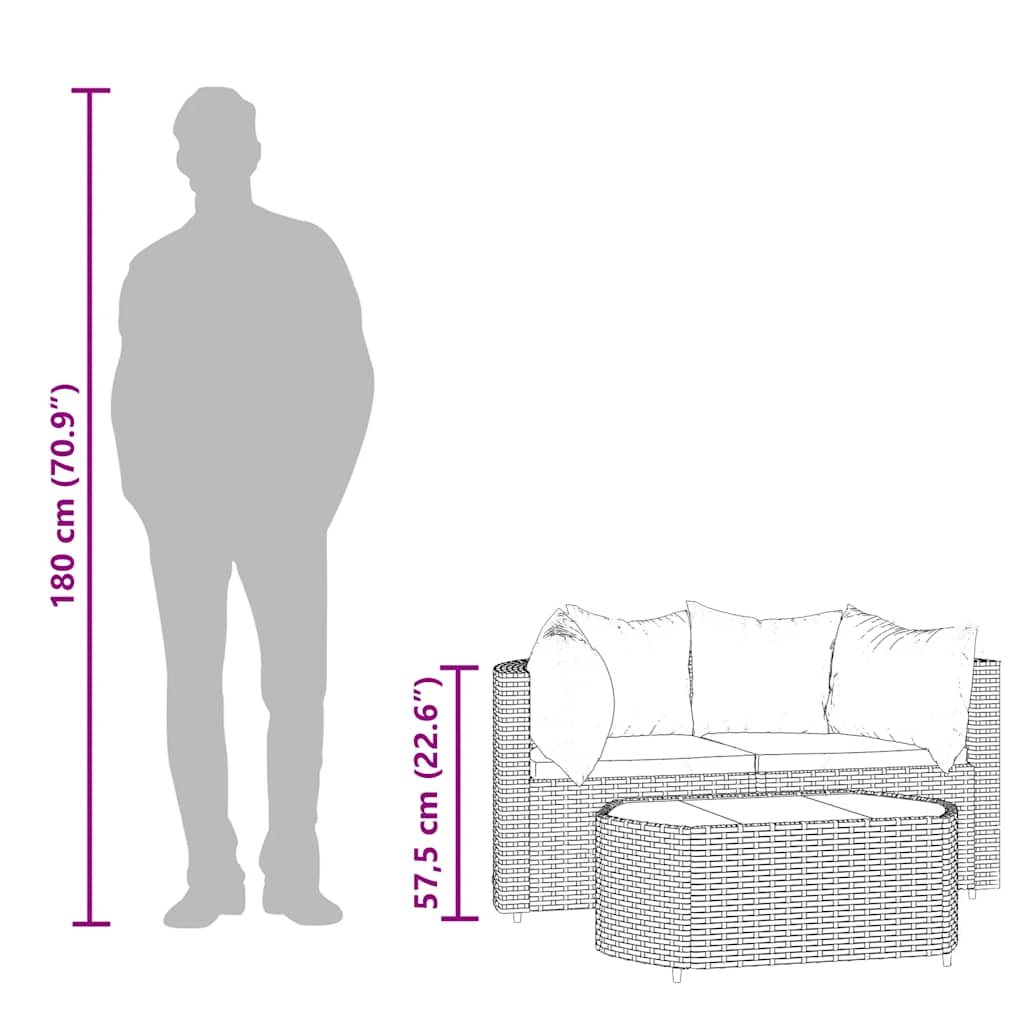 3 pcs conjunto lounge de jardim c/ almofadões vime PE cinzento