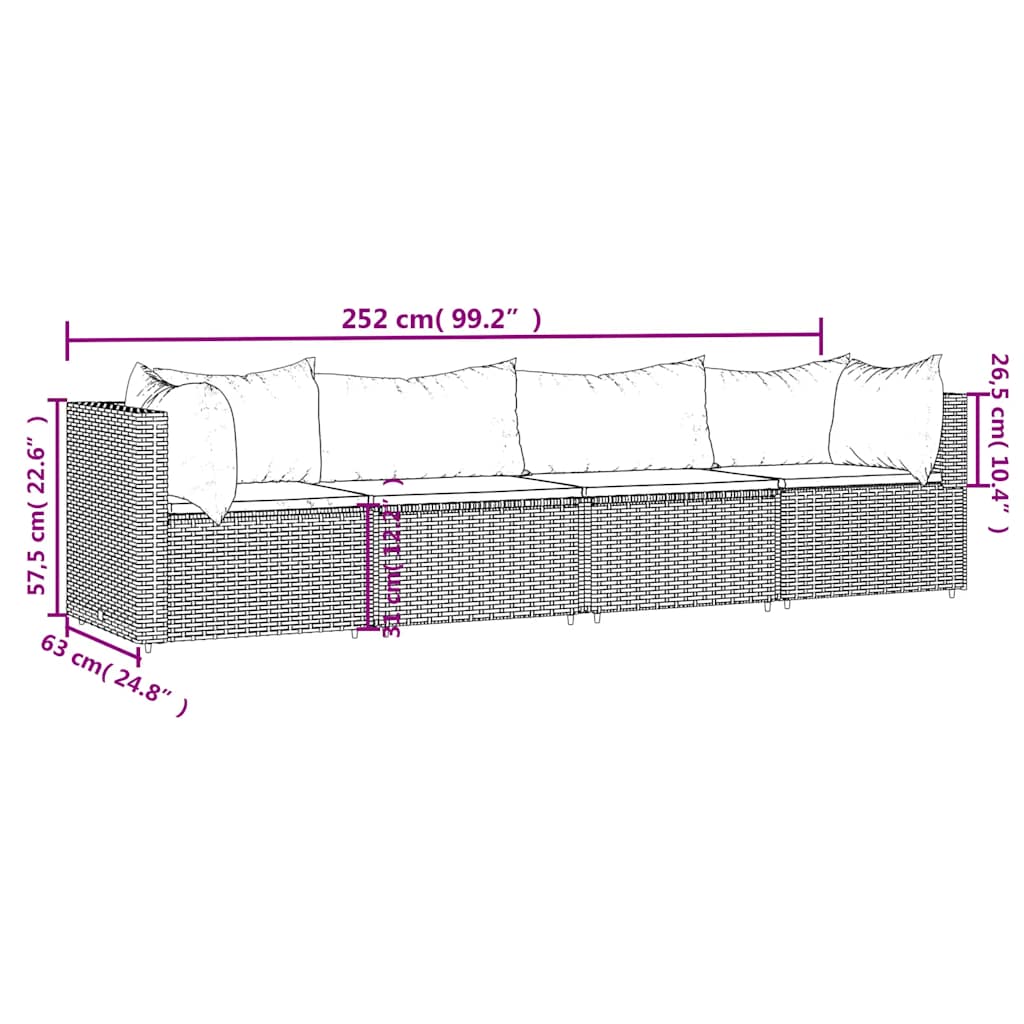 4 pcs conjunto lounge de jardim c/ almofadões vime PE preto