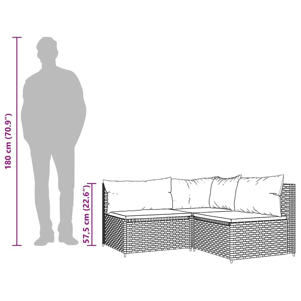 3 pcs conjunto lounge jardim c/ almofadões vime PE castanho