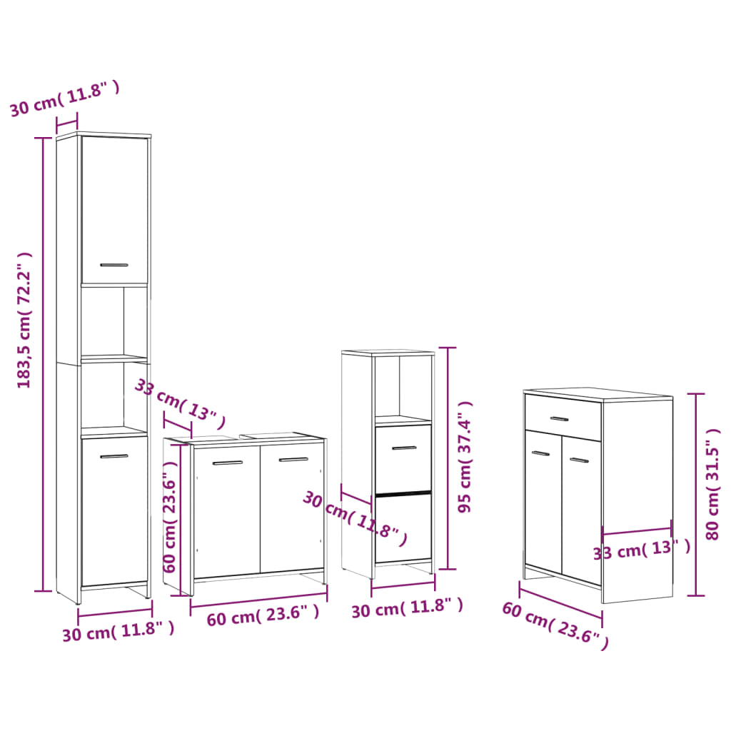 4 pcs Conjunto móveis casa de banho madeira proc. cinza sonoma