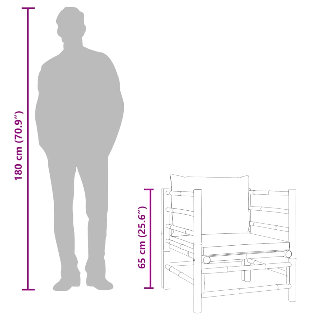 Sofá de jardim bambu com almofadões cinzento-acastanhado