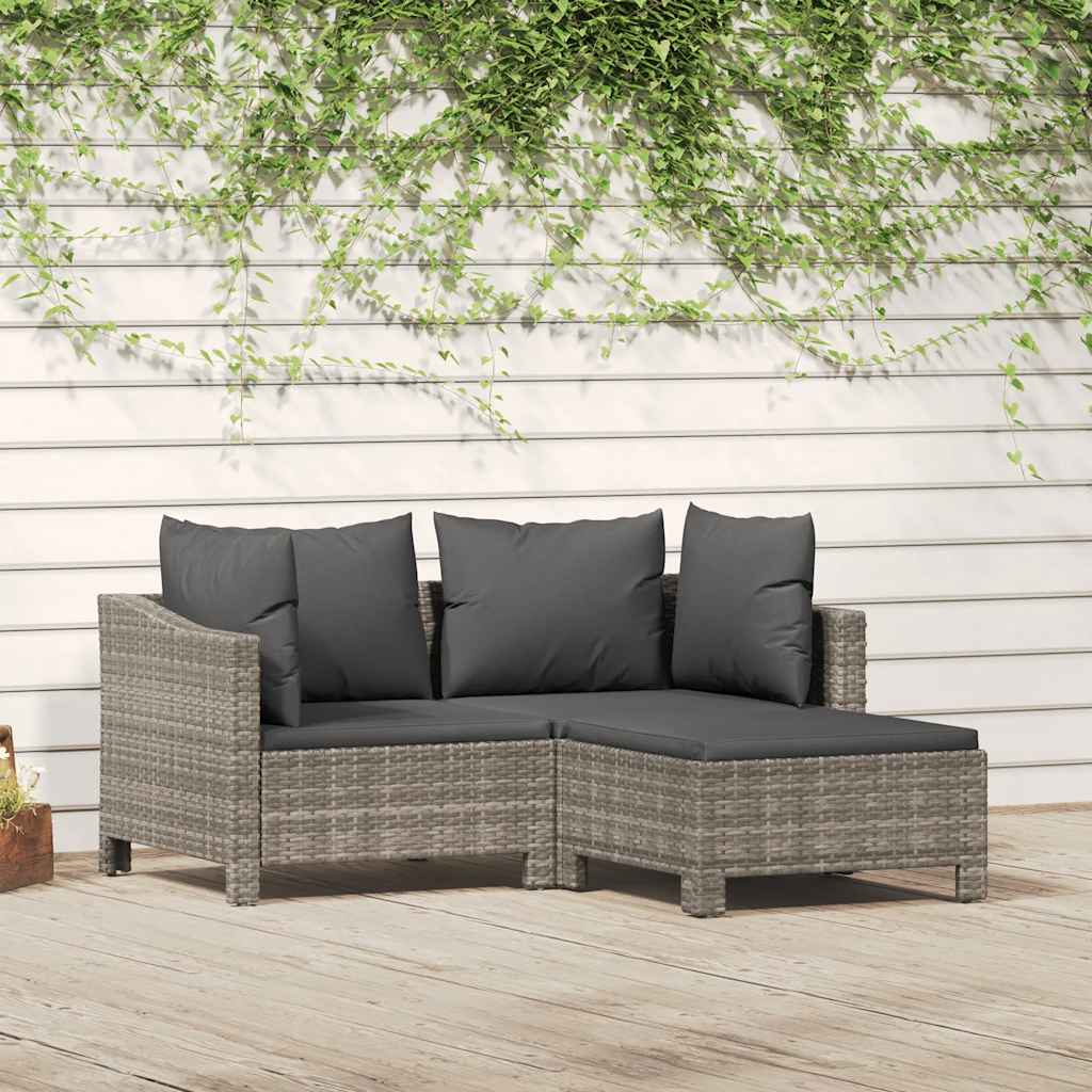 3 pcs conjunto lounge de jardim c/ almofadões vime PE cinzento