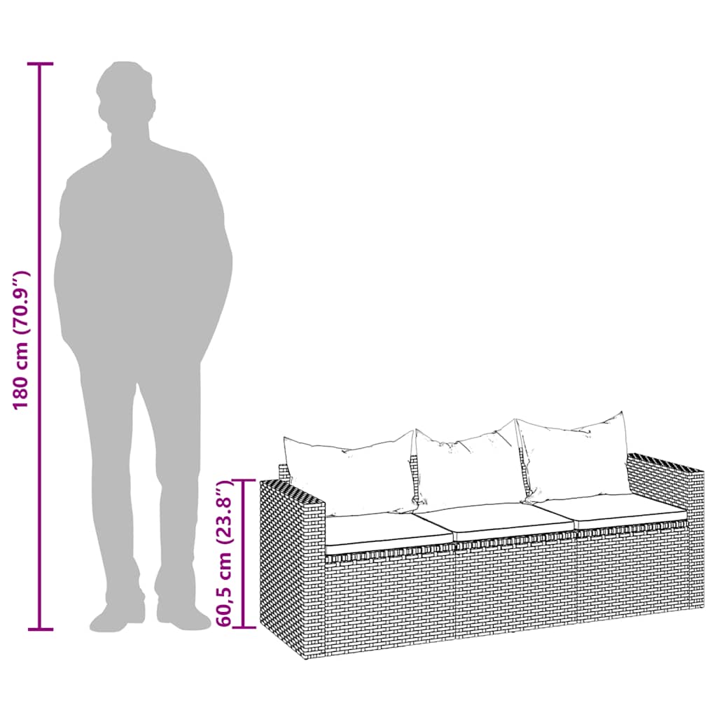 Sofá de jardim de 3 lugares com almofadões vime PE castanho