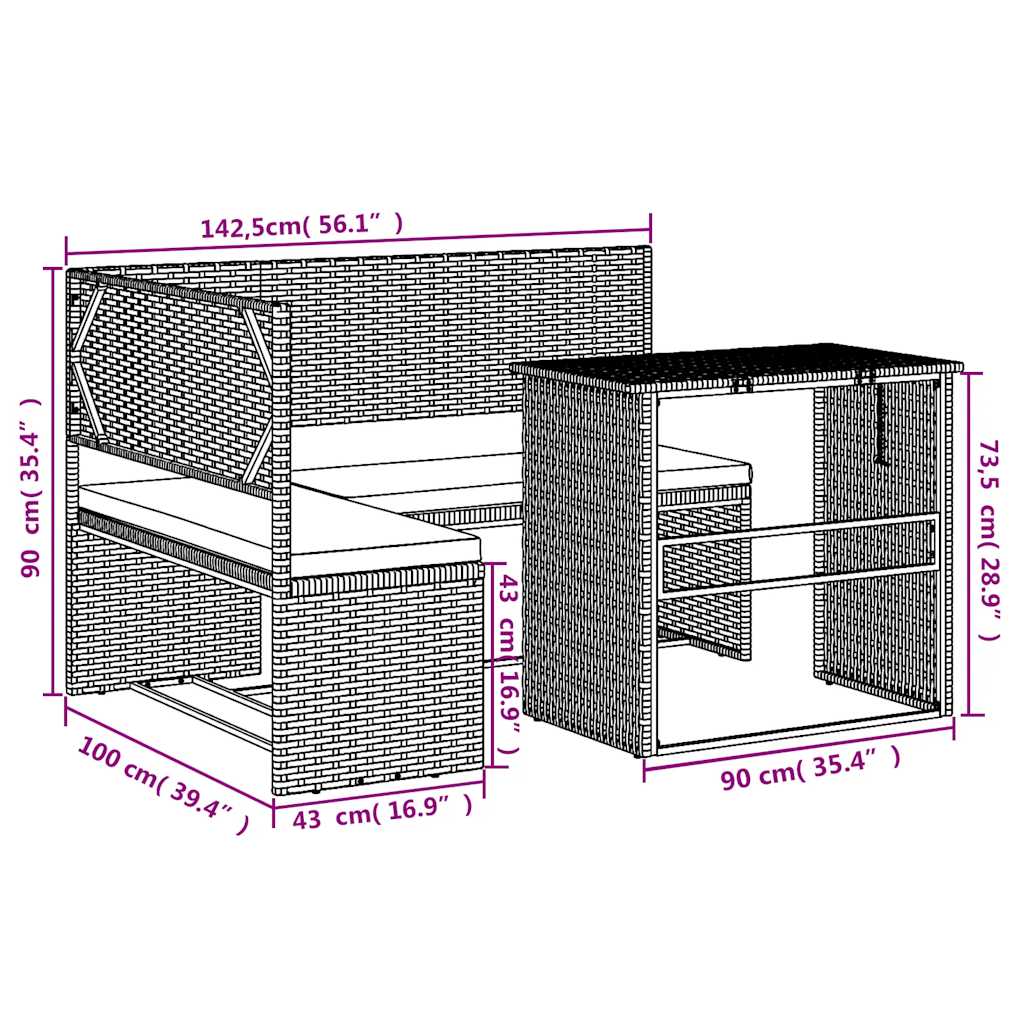 Sofá de jardim forma de L c/ mesa e almofadões vime PE castanho