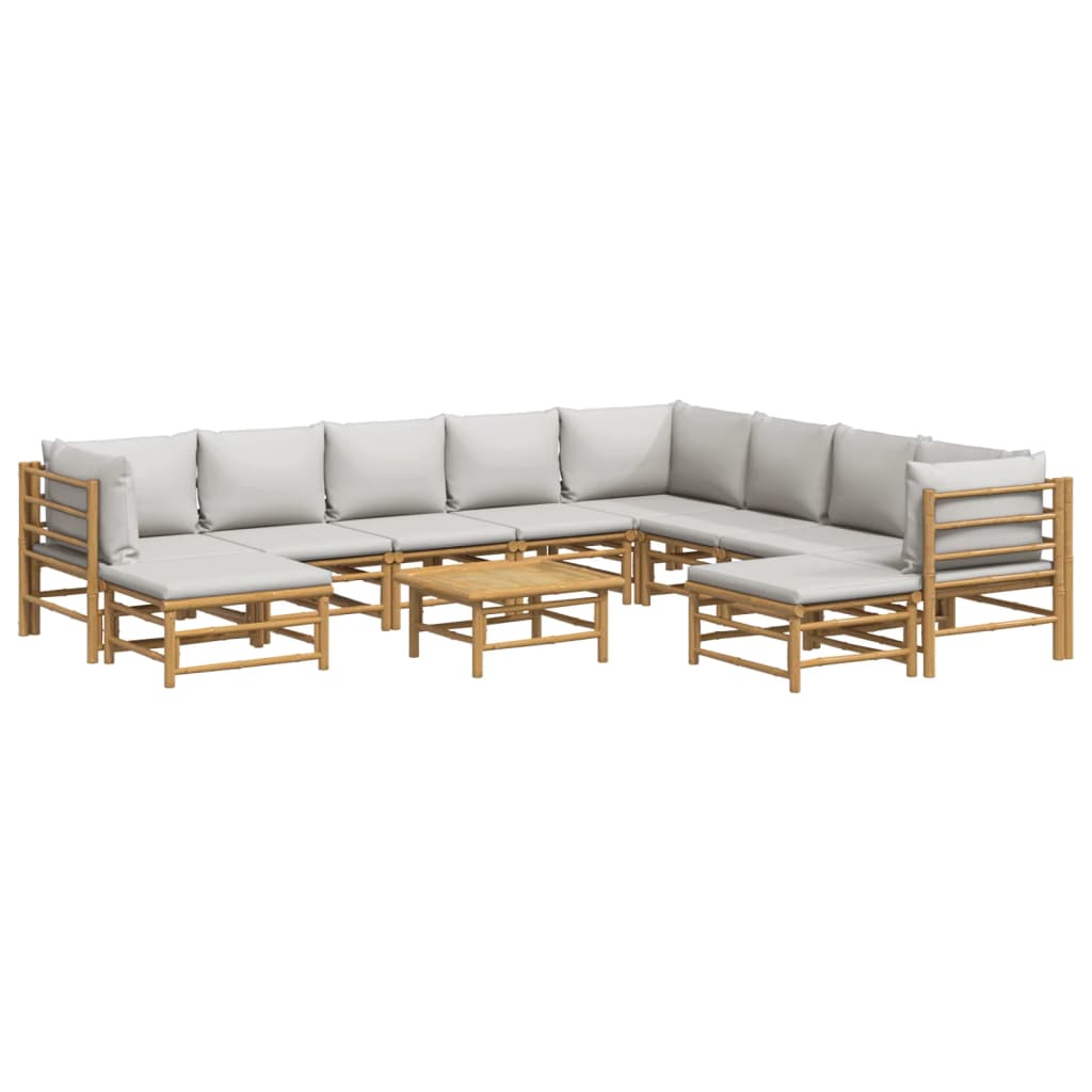 11 pcs conj. lounge de jardim bambu c/ almofadões cinza-claro