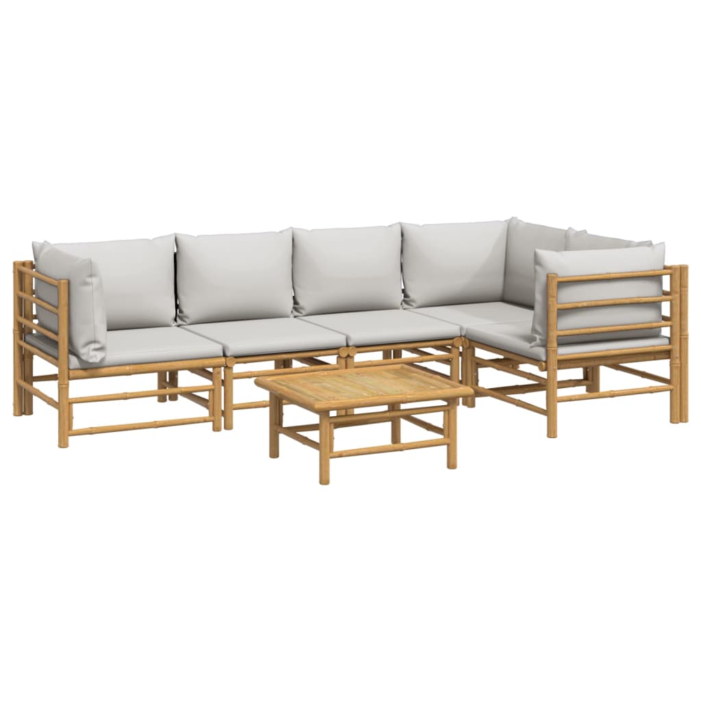 6 pcs conj. lounge de jardim bambu c/ almofadões cinzento-claro