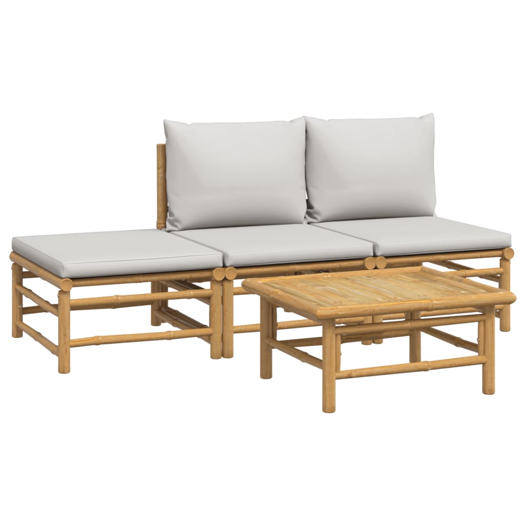 4 pcs conj. lounge de jardim bambu c/ almofadões cinzento-claro