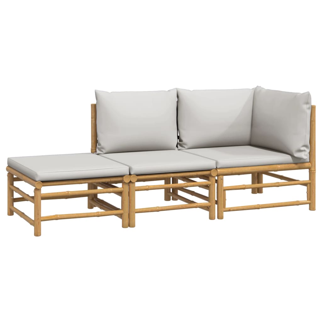 3 pcs conj. lounge de jardim bambu c/ almofadões cinzento-claro