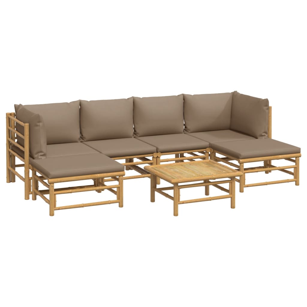 7 pcs conj. lounge jardim bambu c/ almofadões cinza-acastanhado