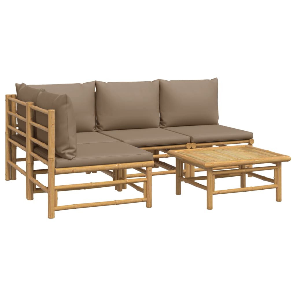 5 pcs conj. lounge jardim bambu almofadões cinzento-acastanhado