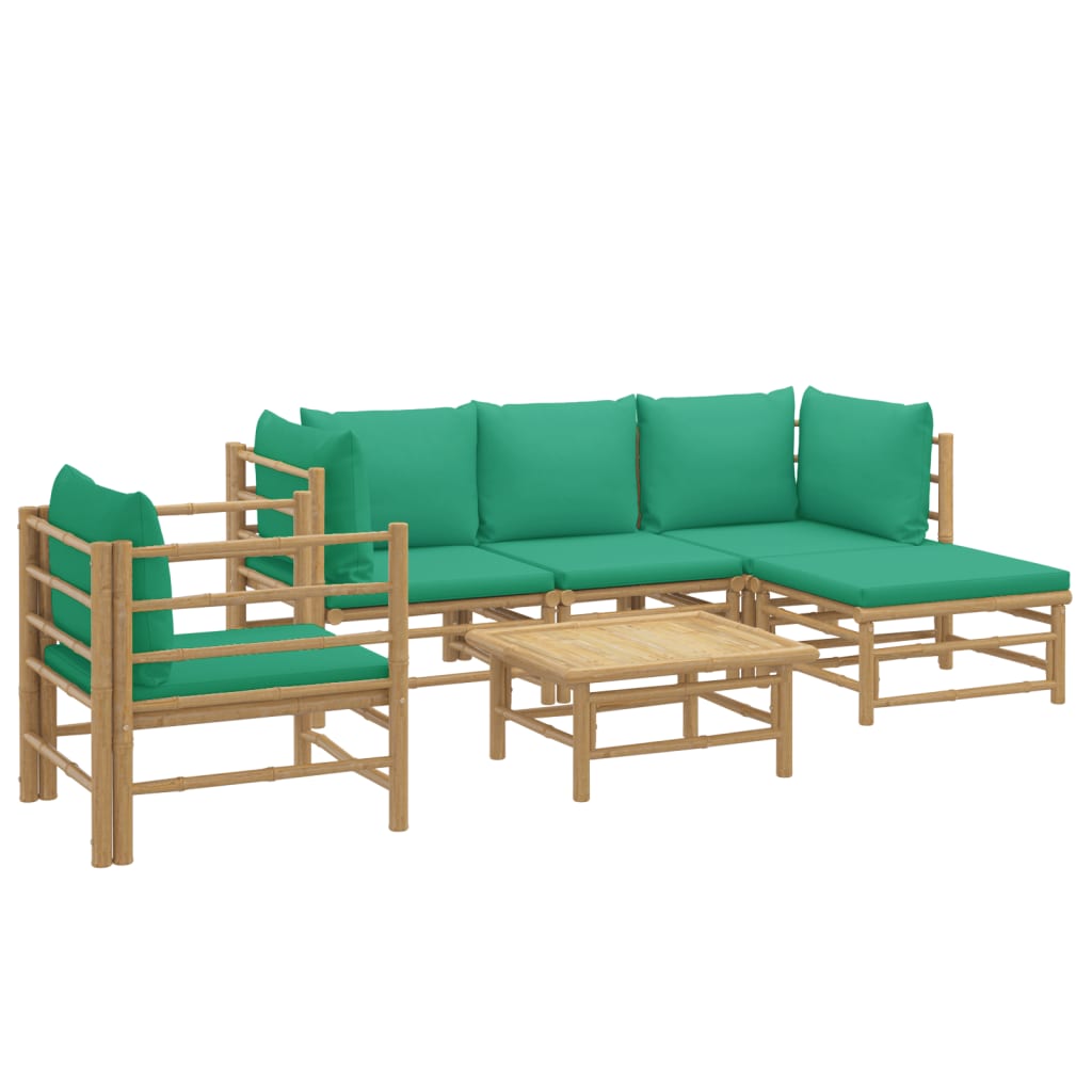 6 pcs conjunto lounge de jardim bambu c/ almofadões verdes