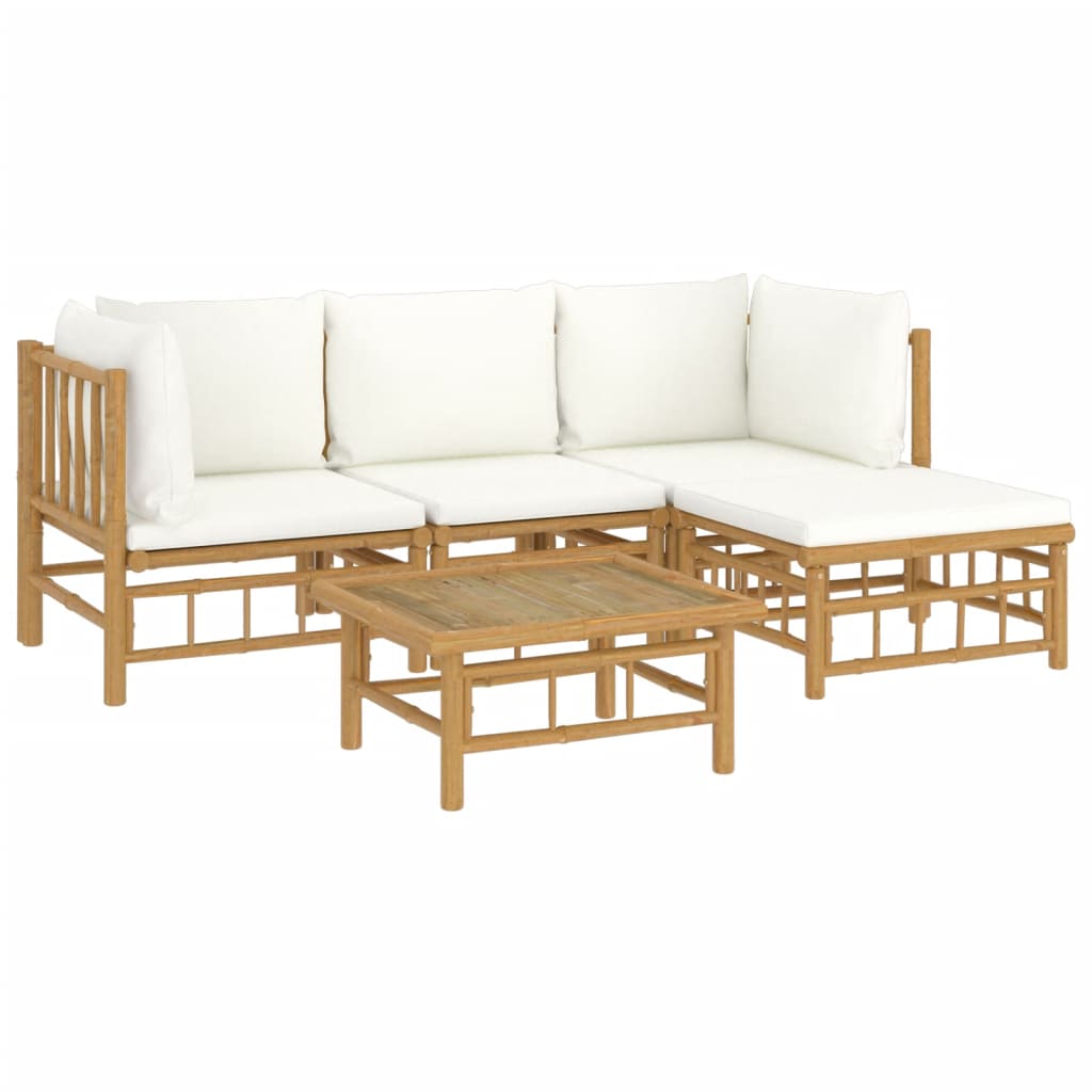 5 pcs conjunto lounge de jardim bambu c/ almofadões branco nata