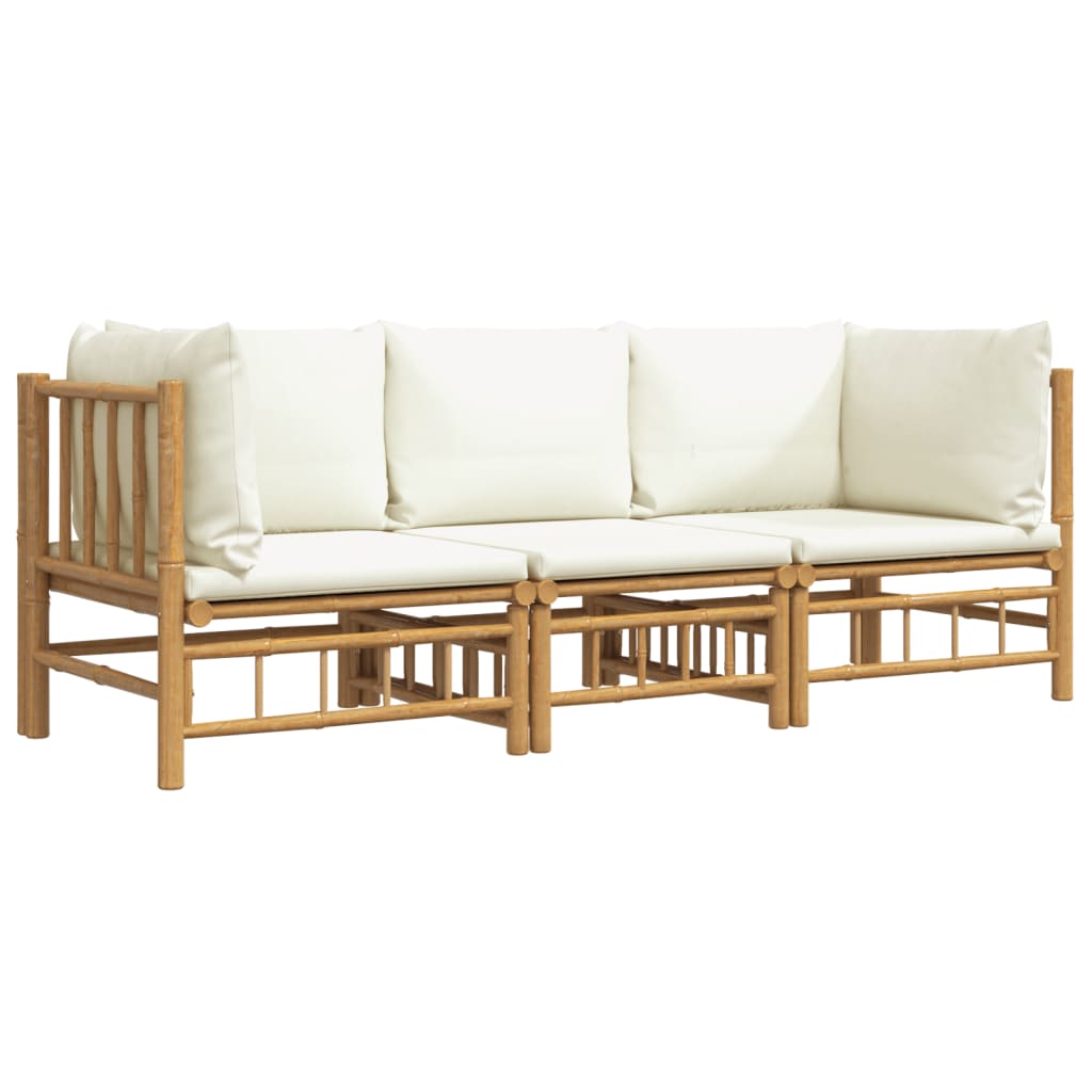 3 pcs conjunto lounge de jardim bambu c/ almofadões branco nata