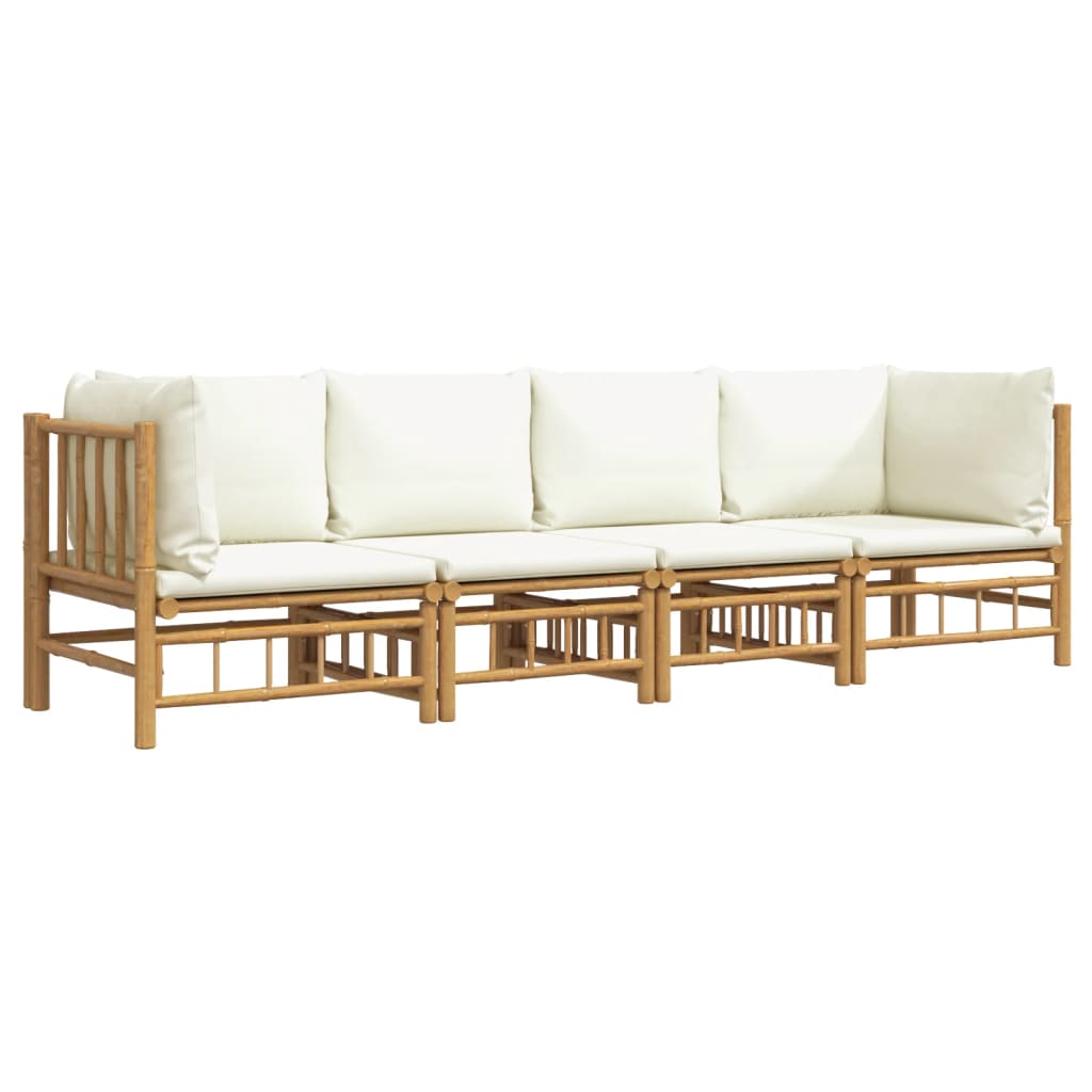 4 pcs conjunto lounge de jardim bambu c/ almofadões branco nata