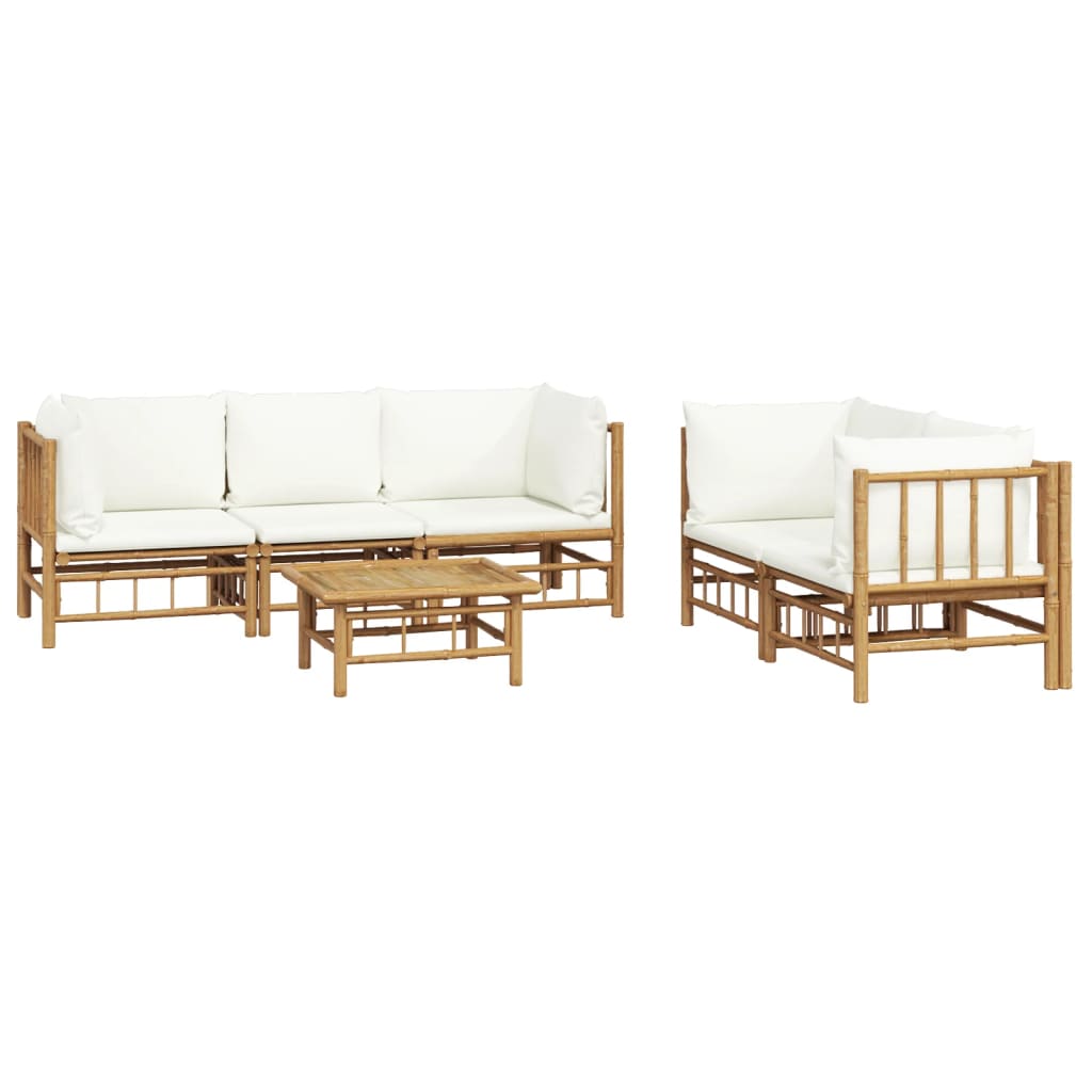 6 pcs conjunto lounge de jardim bambu c/ almofadões branco nata