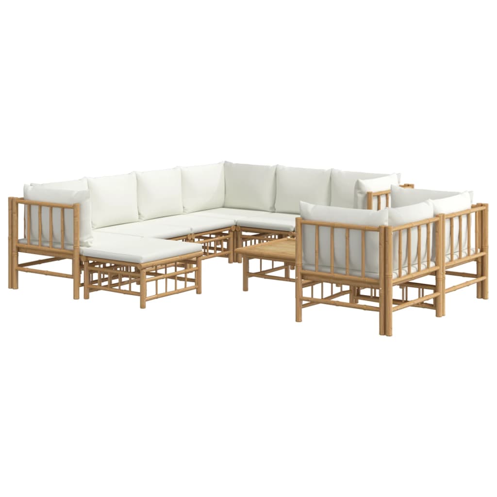 10pcs conjunto lounge de jardim bambu c/ almofadões branco nata