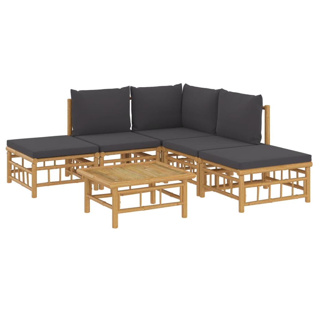 6 pcs conjunto lounge jardim bambu c/ almofadões cinza-escuro