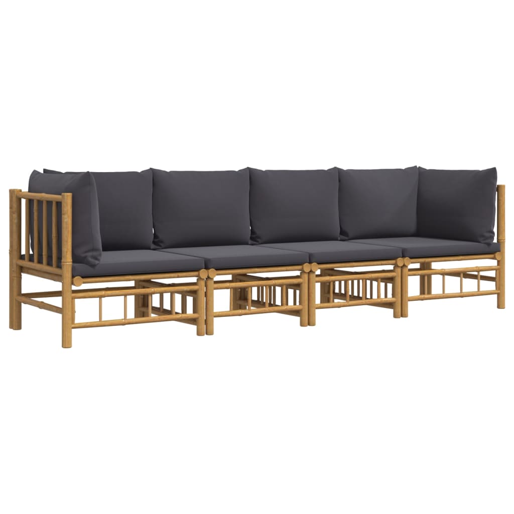 4pcs conj. lounge de jardim bambu c/ almofadões cinzento-escuro