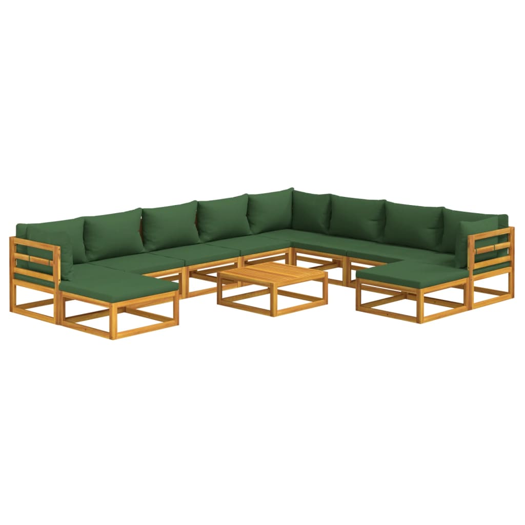 11 pcs conj. lounge jardim madeira c/almofadões verdes